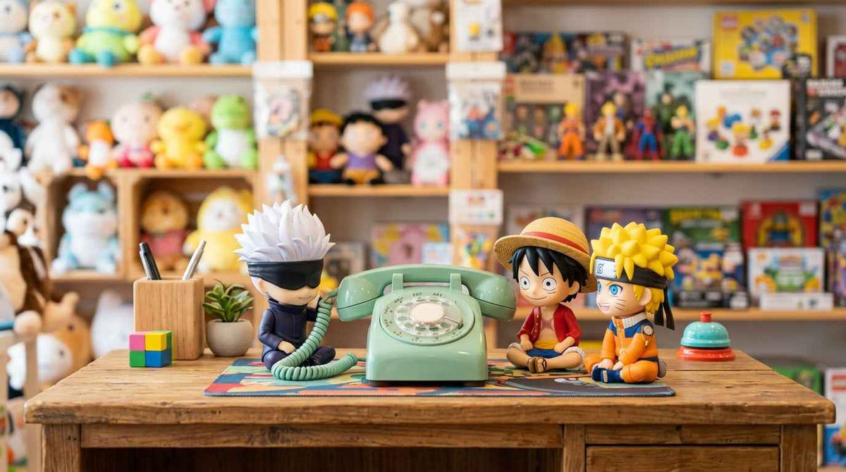Anime action figures including Satoru Gojo, Luffy, and Naruto sitting by a vintage telephone.