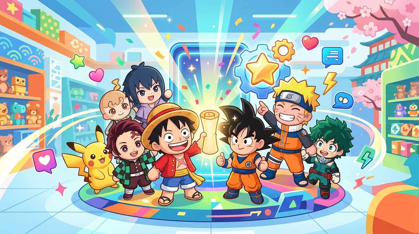 Collection of popular anime figures including Goku, Luffy, Naruto, Deku, and Pikachu.