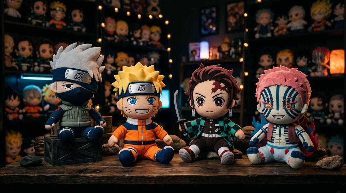 Collection of anime plush toys including Naruto, Kakashi, Tanjiro, and Nezuko figures.