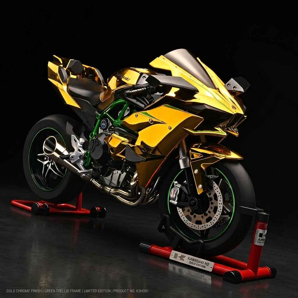 Kawasaki H2R Diecast Model Motorcycle – Gold Chrome Finish with Stand