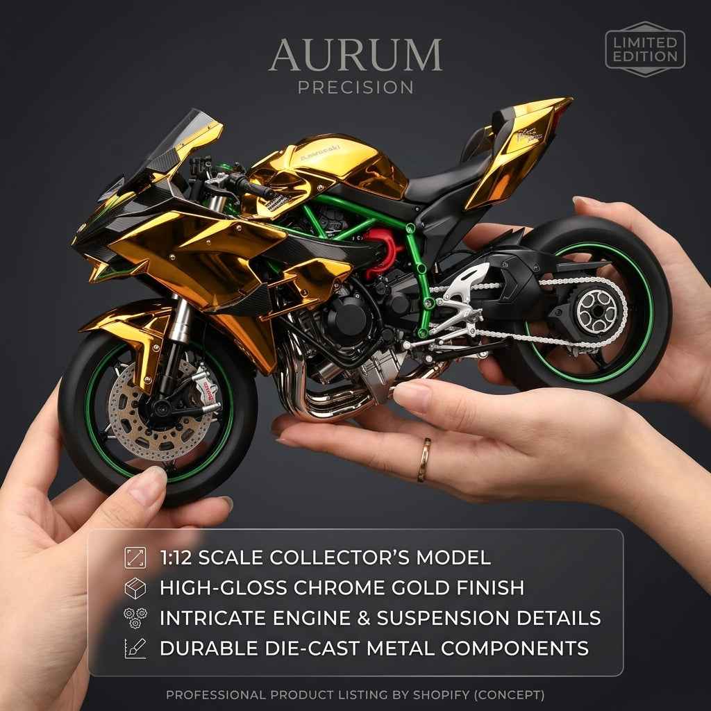 Kawasaki H2R Diecast Model Motorcycle – Gold Chrome Finish with Stand
