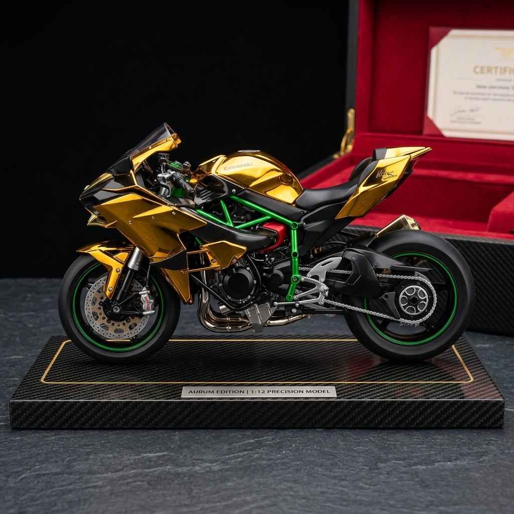 Kawasaki H2R Diecast Model Motorcycle – Gold Chrome Finish with Stand