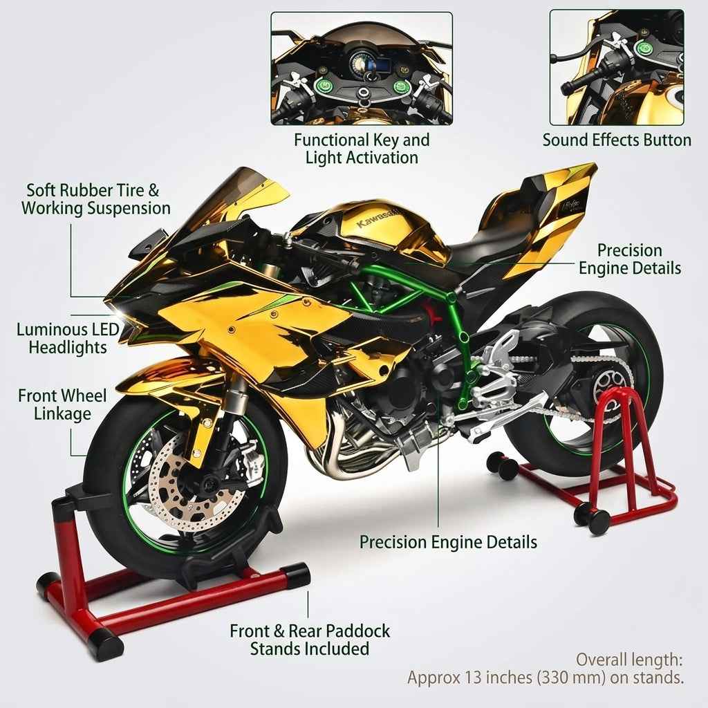 Kawasaki H2R Diecast Model Motorcycle – Gold Chrome Finish with Stand