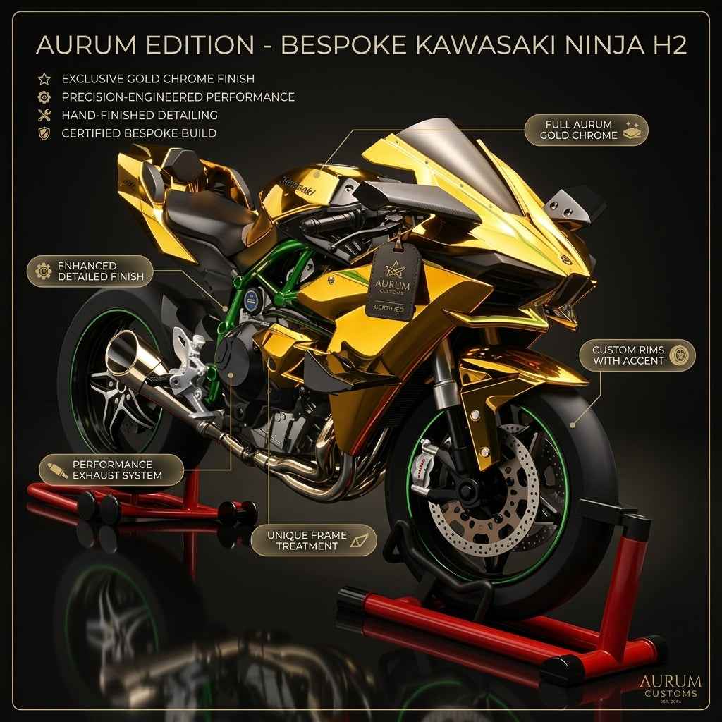 Kawasaki H2R Diecast Model Motorcycle – Gold Chrome Finish with Stand