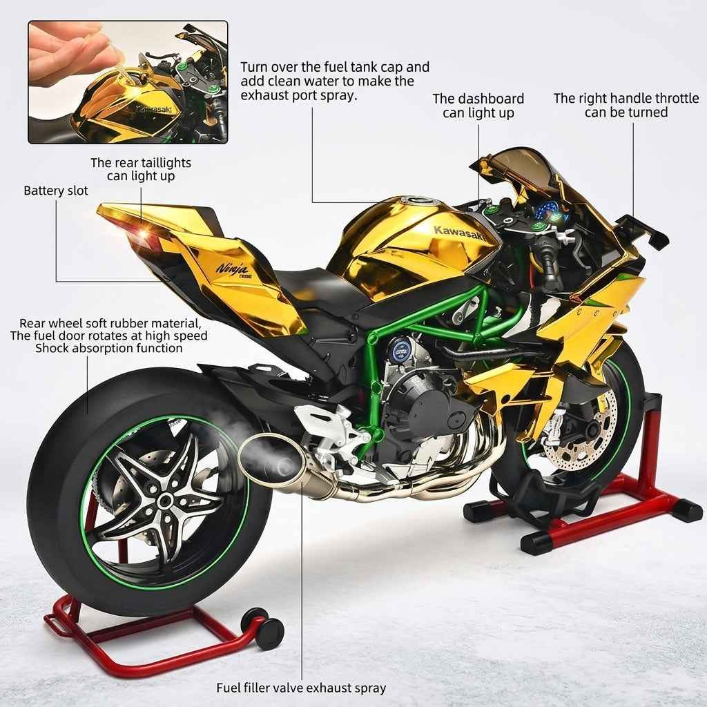 Kawasaki H2R Diecast Model Motorcycle – Gold Chrome Finish with Stand