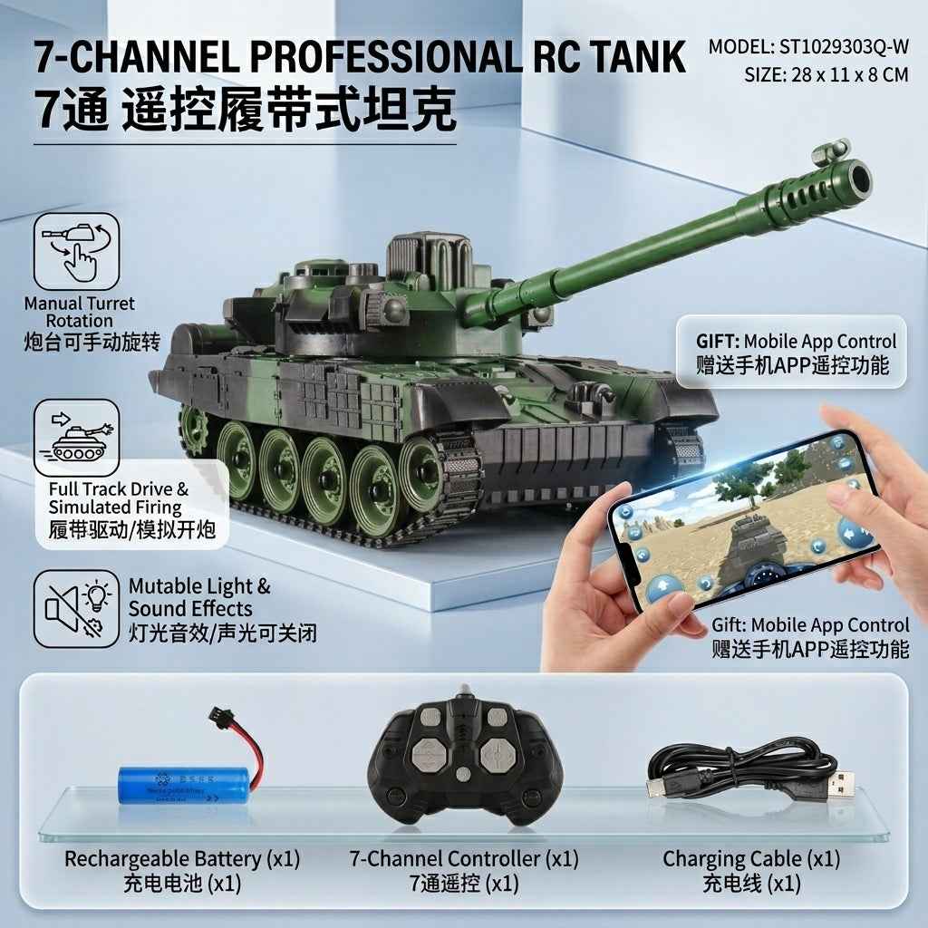 RC Battle Tank – 7-Channel Remote with LED Lights & 360° Turret
