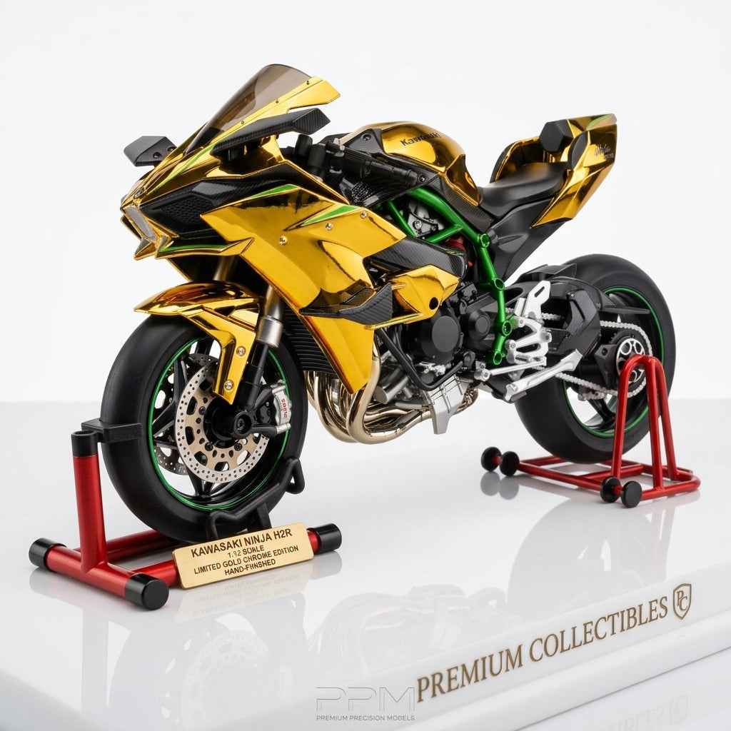 Kawasaki H2R Diecast Model Motorcycle – Gold Chrome Finish with Stand