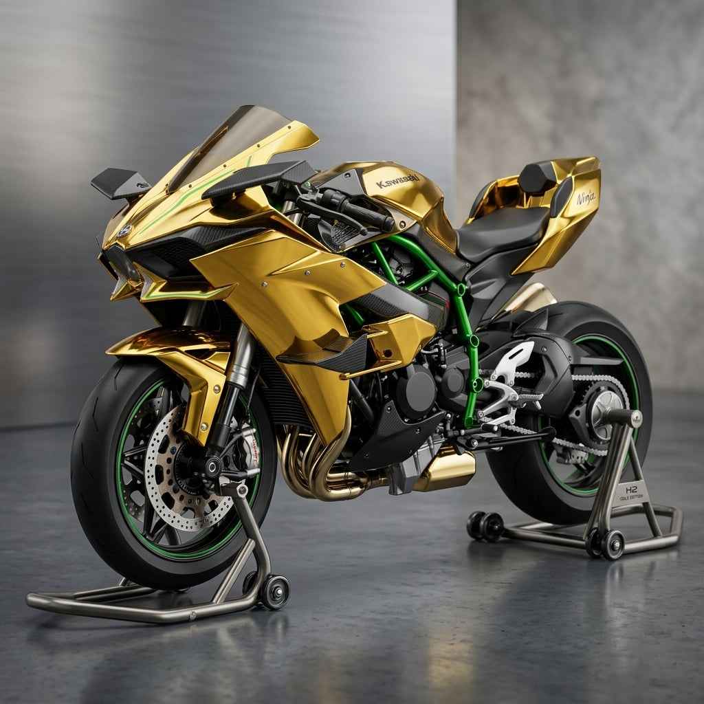 Kawasaki H2R Diecast Model Motorcycle – Gold Chrome Finish with Stand
