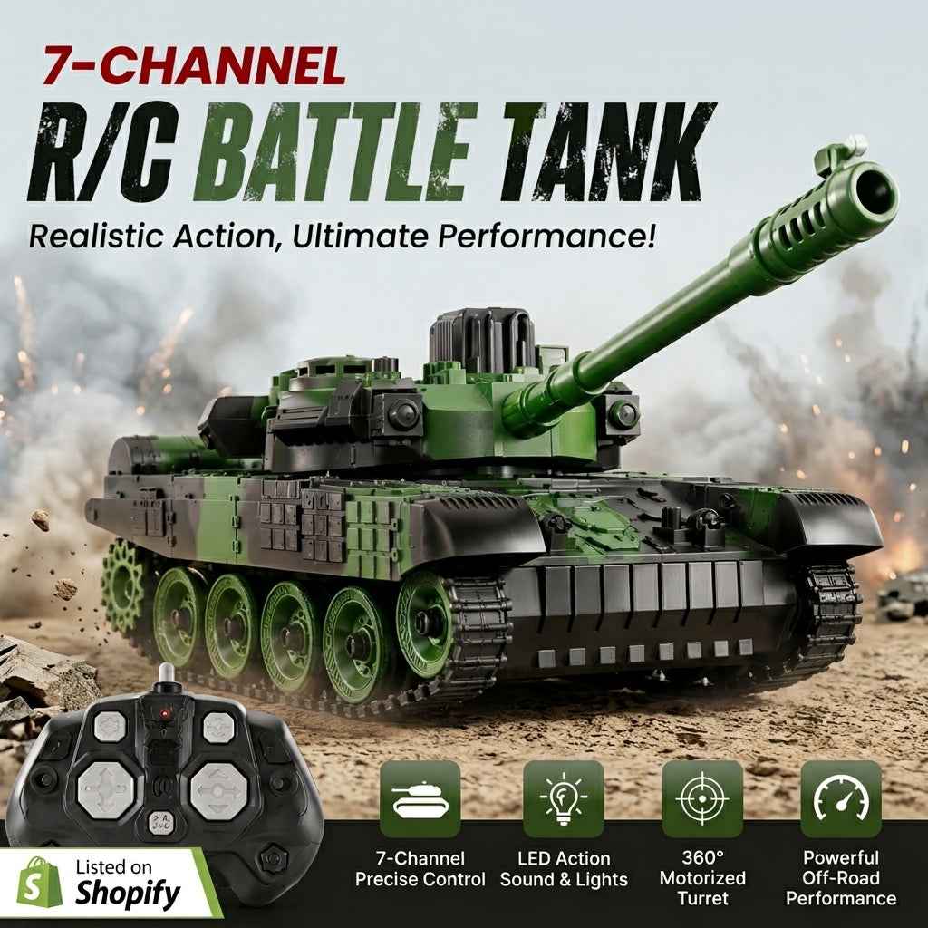 RC Battle Tank – 7-Channel Remote with LED Lights & 360° Turret